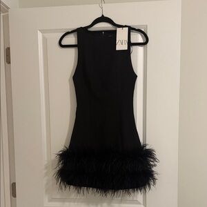 Zara Black Mini Dress with Feather Hem
